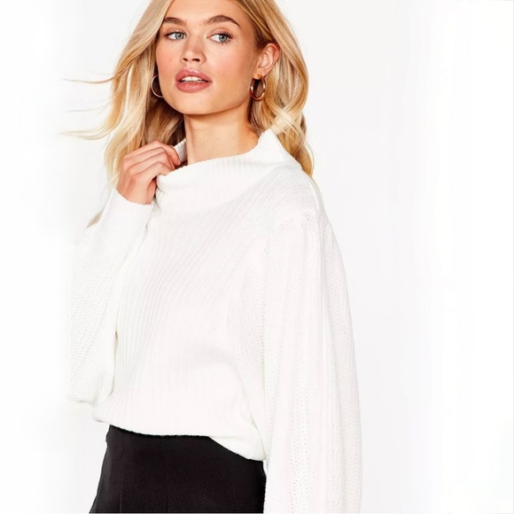 Ivory [Nasty Gal] Balloon Sleeve Knit Sweater | NWT Cream Mock Neck Top | Medium - Picture 5 of 16